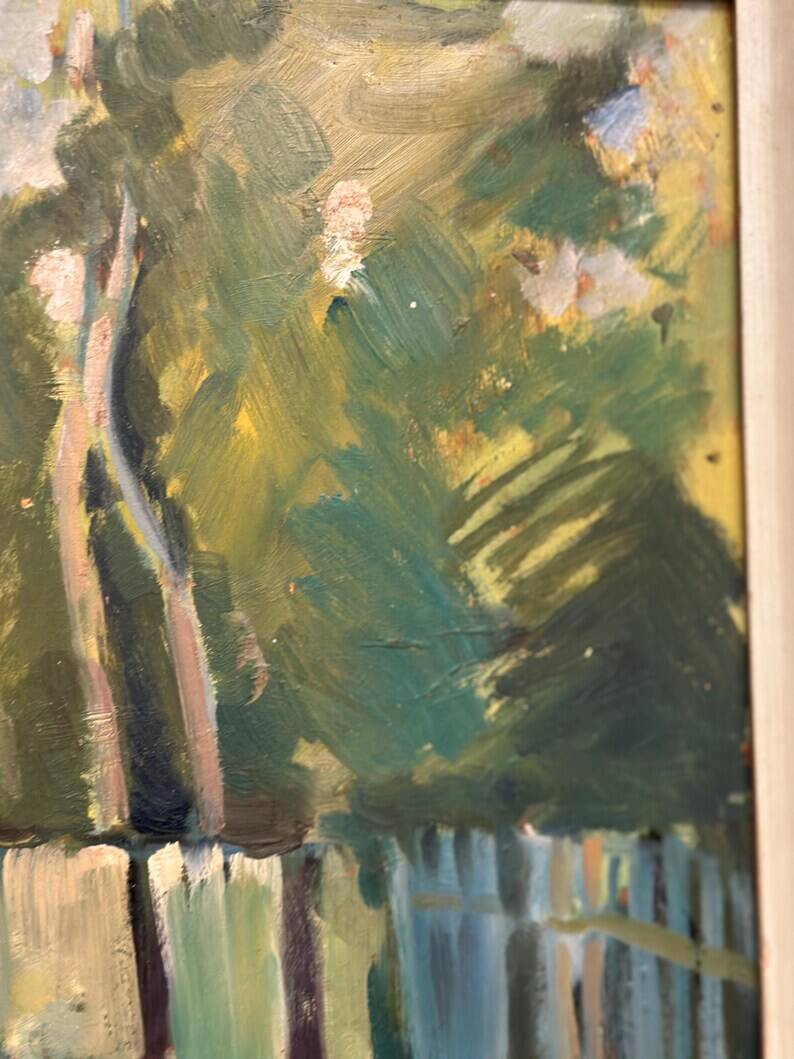 Original Swedish Oil on Panel - "Landscape with Fence" by Bajo - Signed - Vintage and Framed - 58 × 52 cm (22.8" × 20.5")