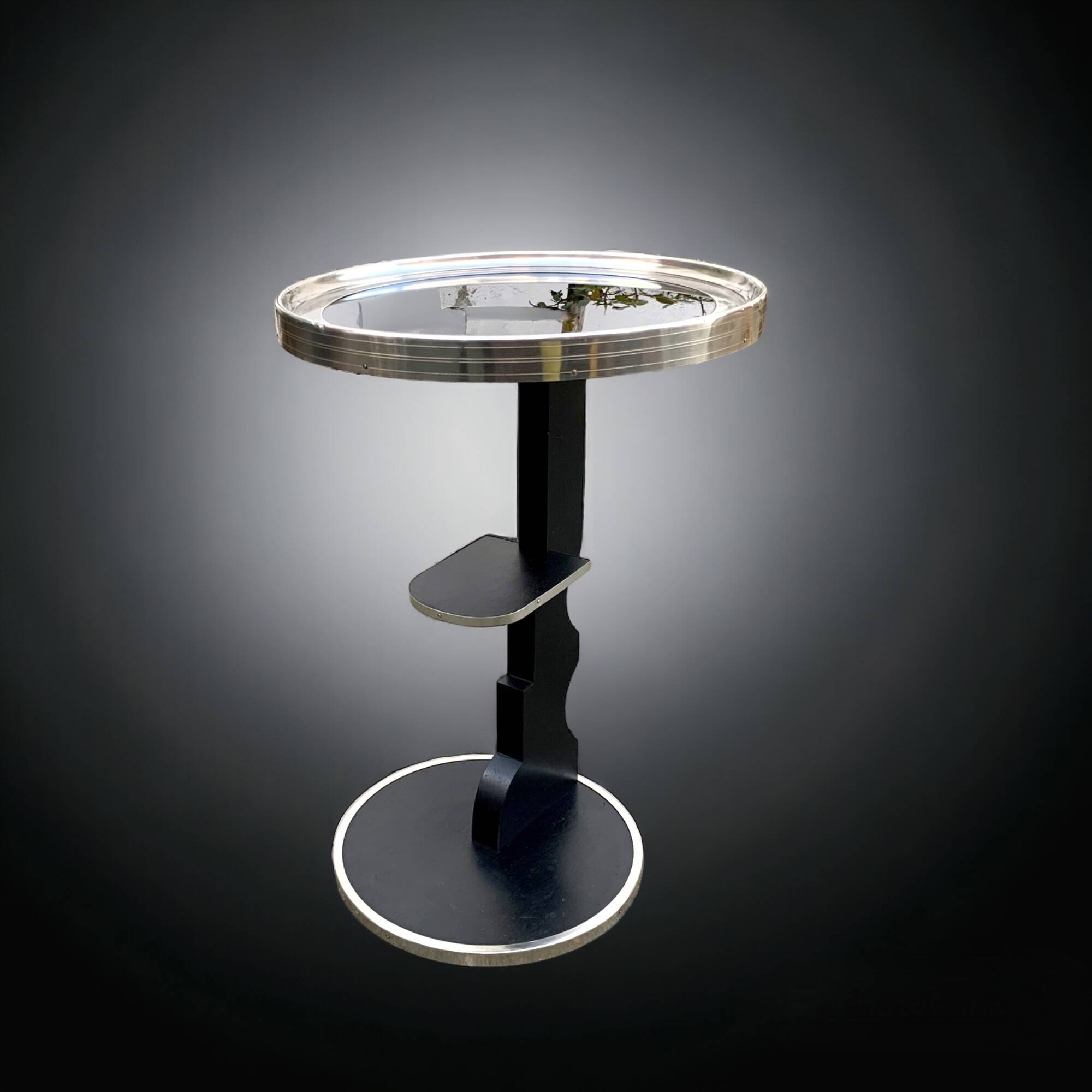 Vintage side table in glass, wood and aluminum