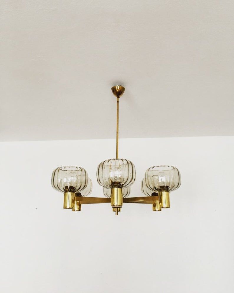 Mid Century Modern brass chandelier with smoked glass shades