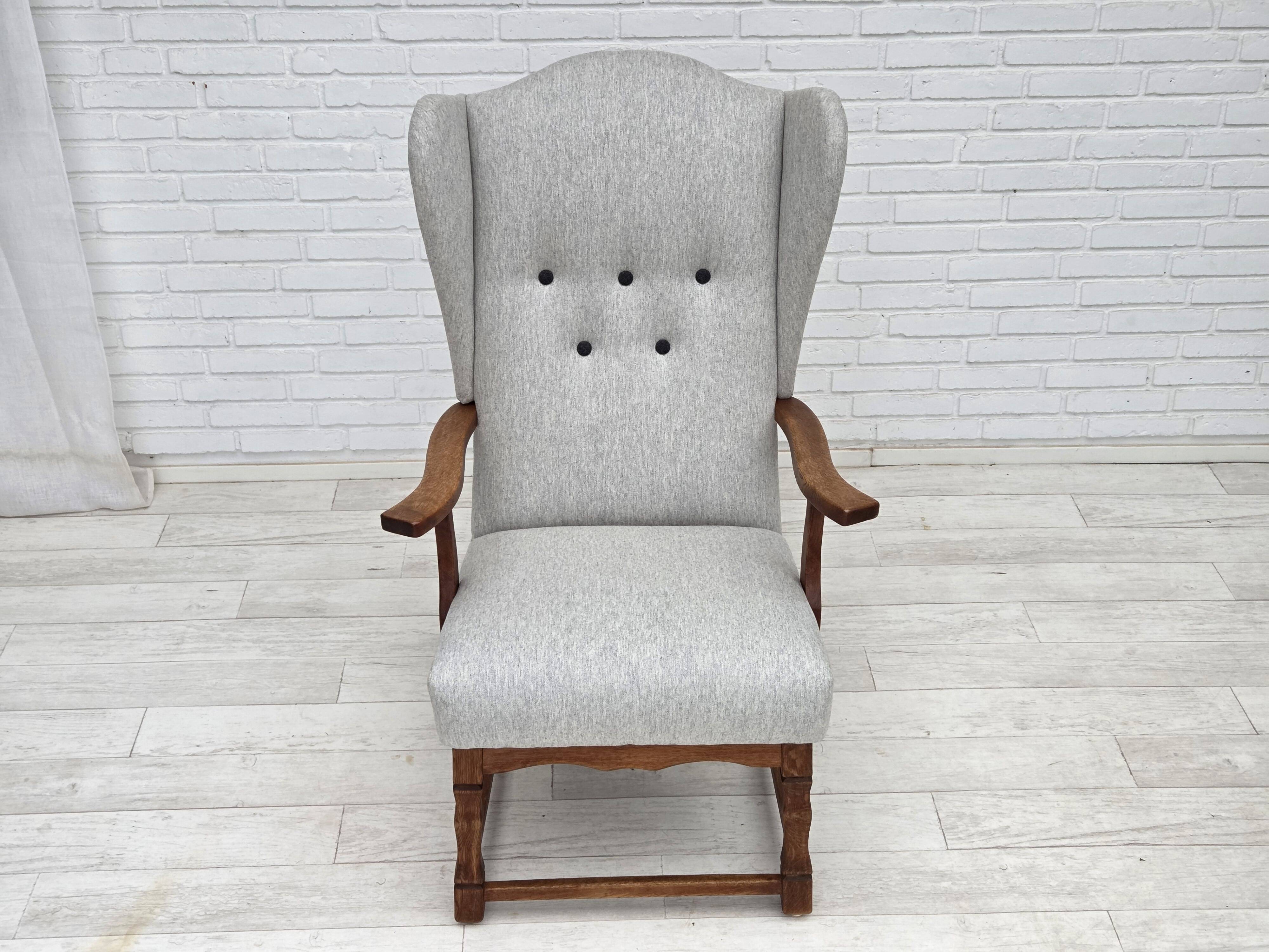 1950s, Danish high-backed armchair, reupholstered, wool, oak wood.