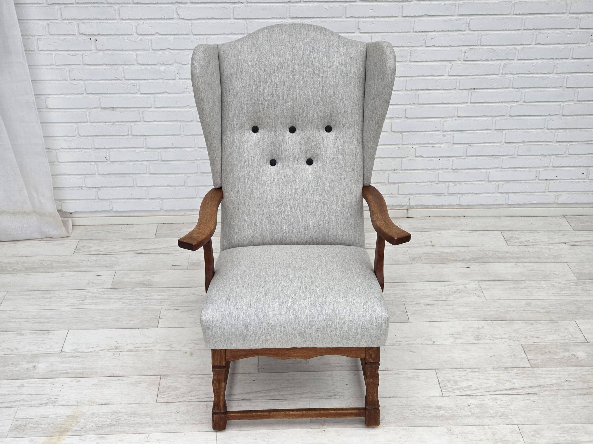 1950s, Danish high-backed armchair, reupholstered, wool, oak wood.