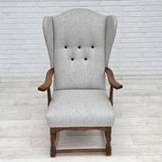 1950s, Danish high-backed armchair, reupholstered, wool, oak wood.