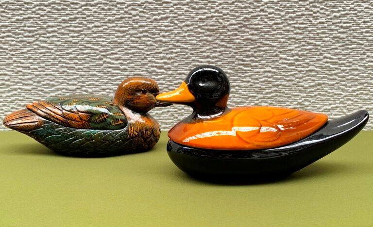 Enamelled terracotta boxes in the shape of ducks.
