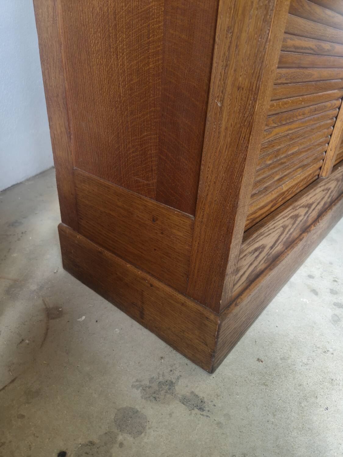 Antique 1950s double sliding door filing cabinet with curtains