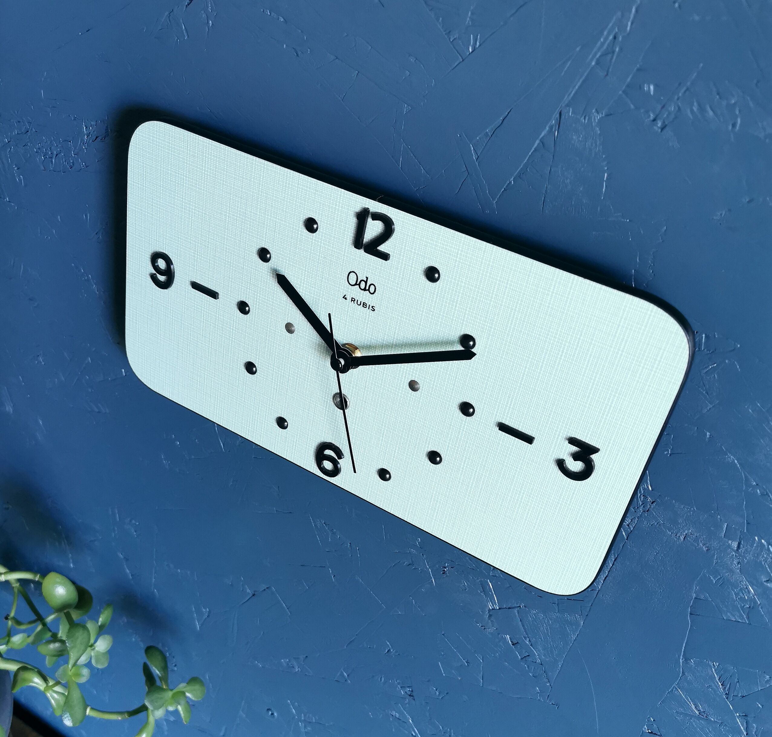 Vintage formica clock rectangular silent wall clock "Odo blue black"