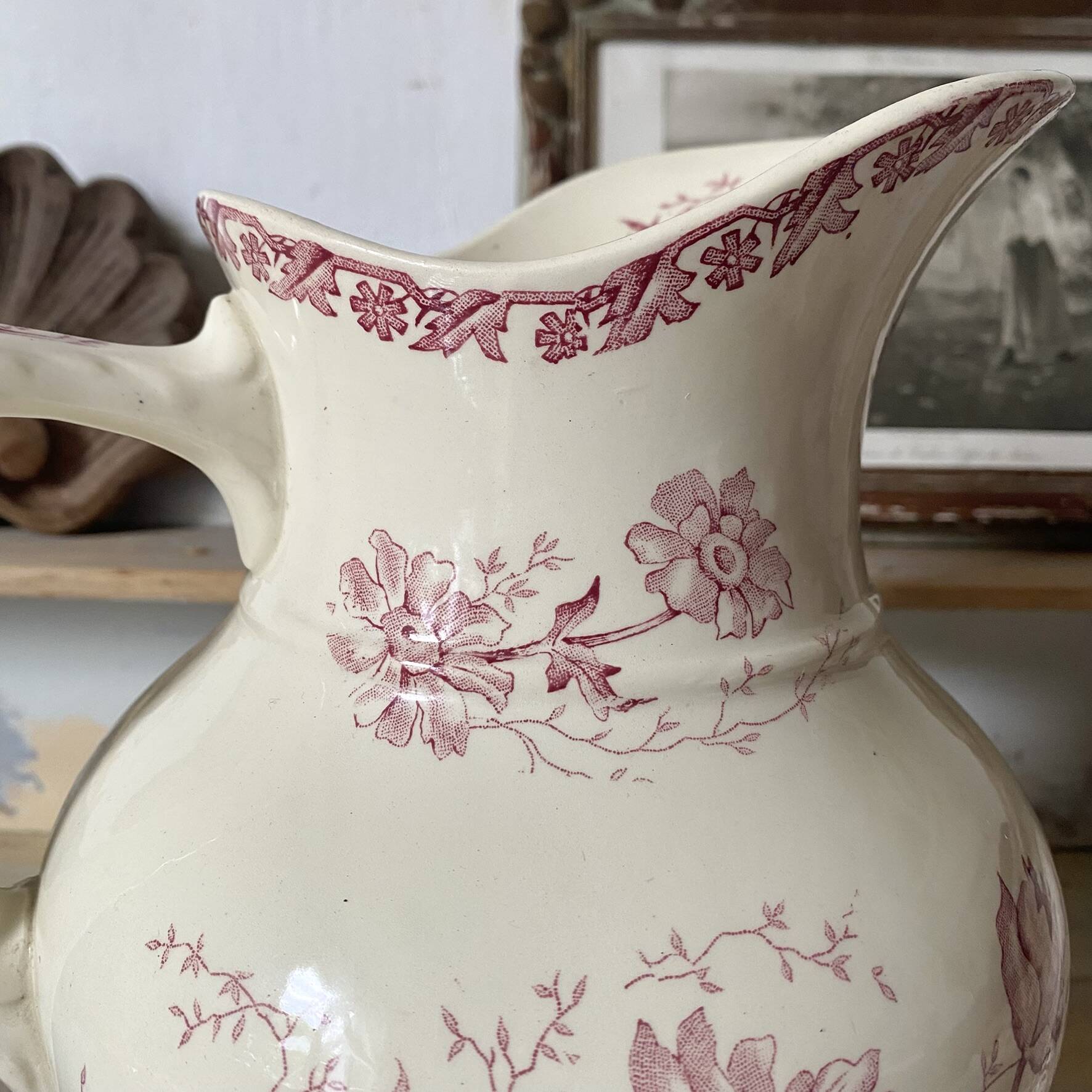 Large ironstone jug St Amand Anemone, antique pitcher