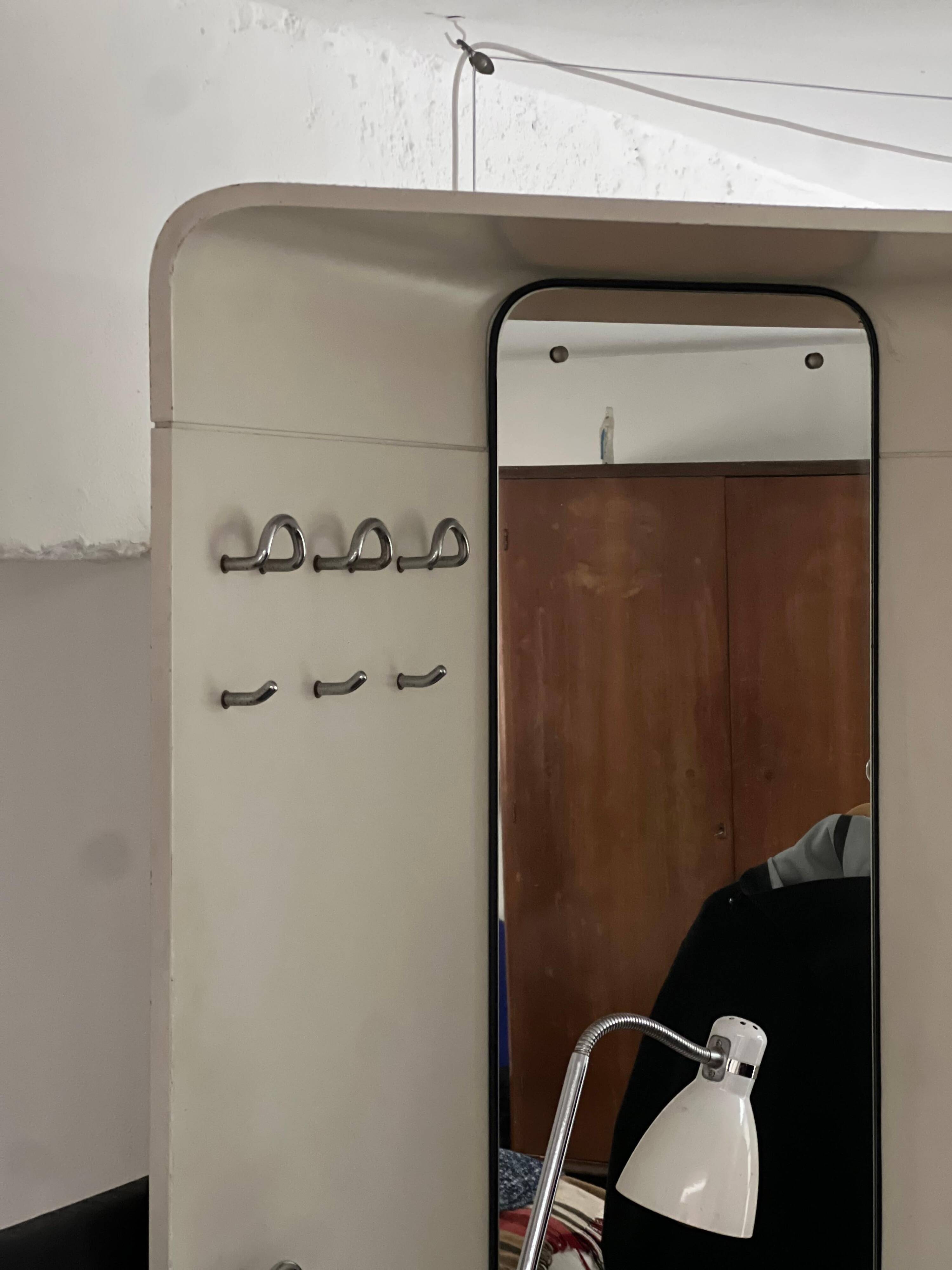 1960s Mid-Century Modern White Wood Corner Coat Hanger with Mirror