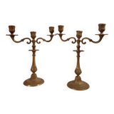 Old brass candlesticks 3 arms set of 2