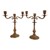Old brass candlesticks 3 arms set of 2