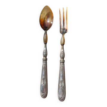 Couverts à Salade Anciens en Corne et Métal Argenté fourré Décor Cygnes