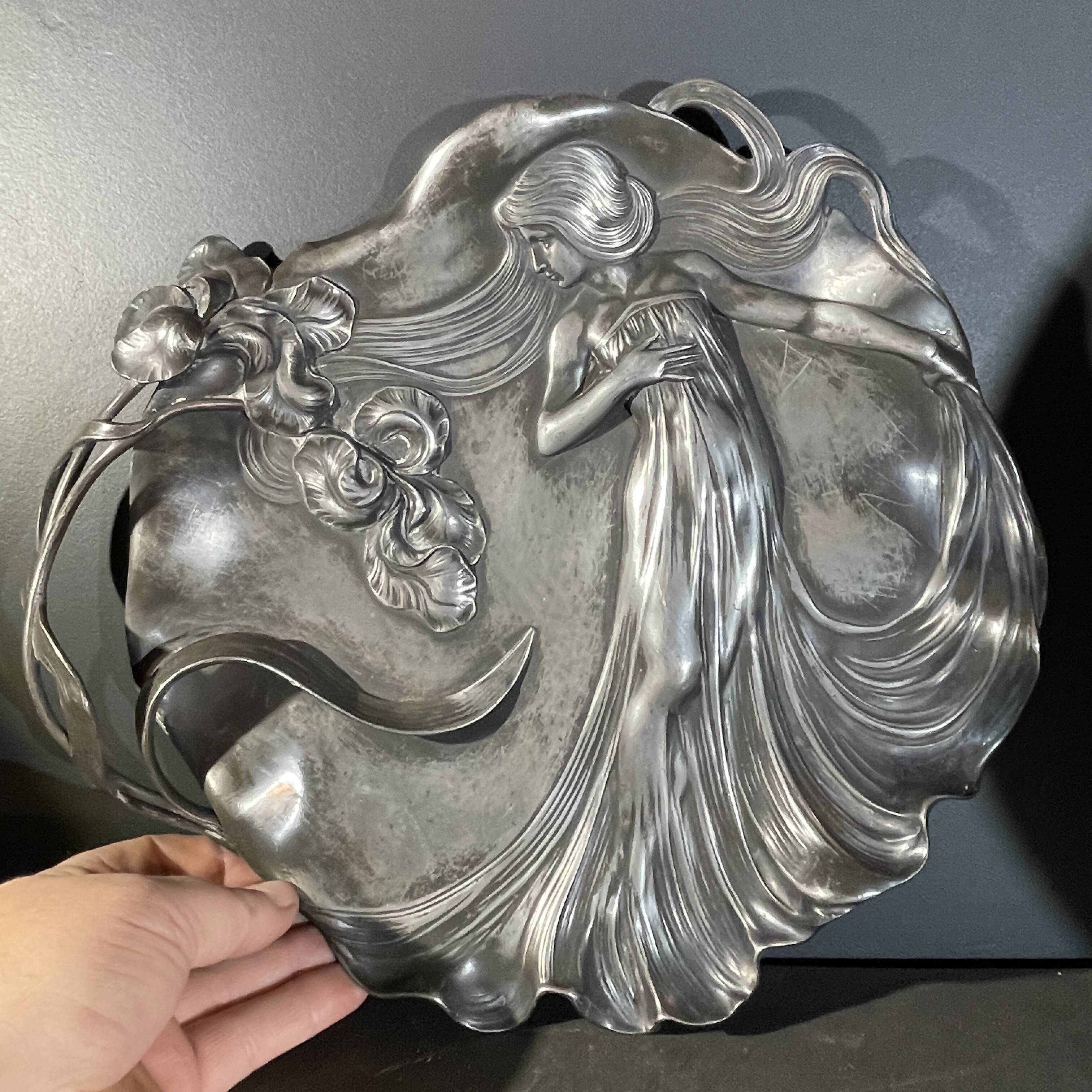 WMF "Woman with Irises" No. 290 Art Nouveau openwork tray, silver-plated metal, ca 1906
