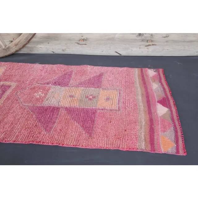 Tapis coureur vintage en laine et coton turc noué à la main rose 87x328