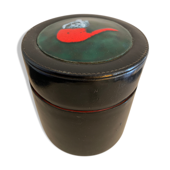 Lancel tobacco box or pot decorated with leather and ceramic pipe