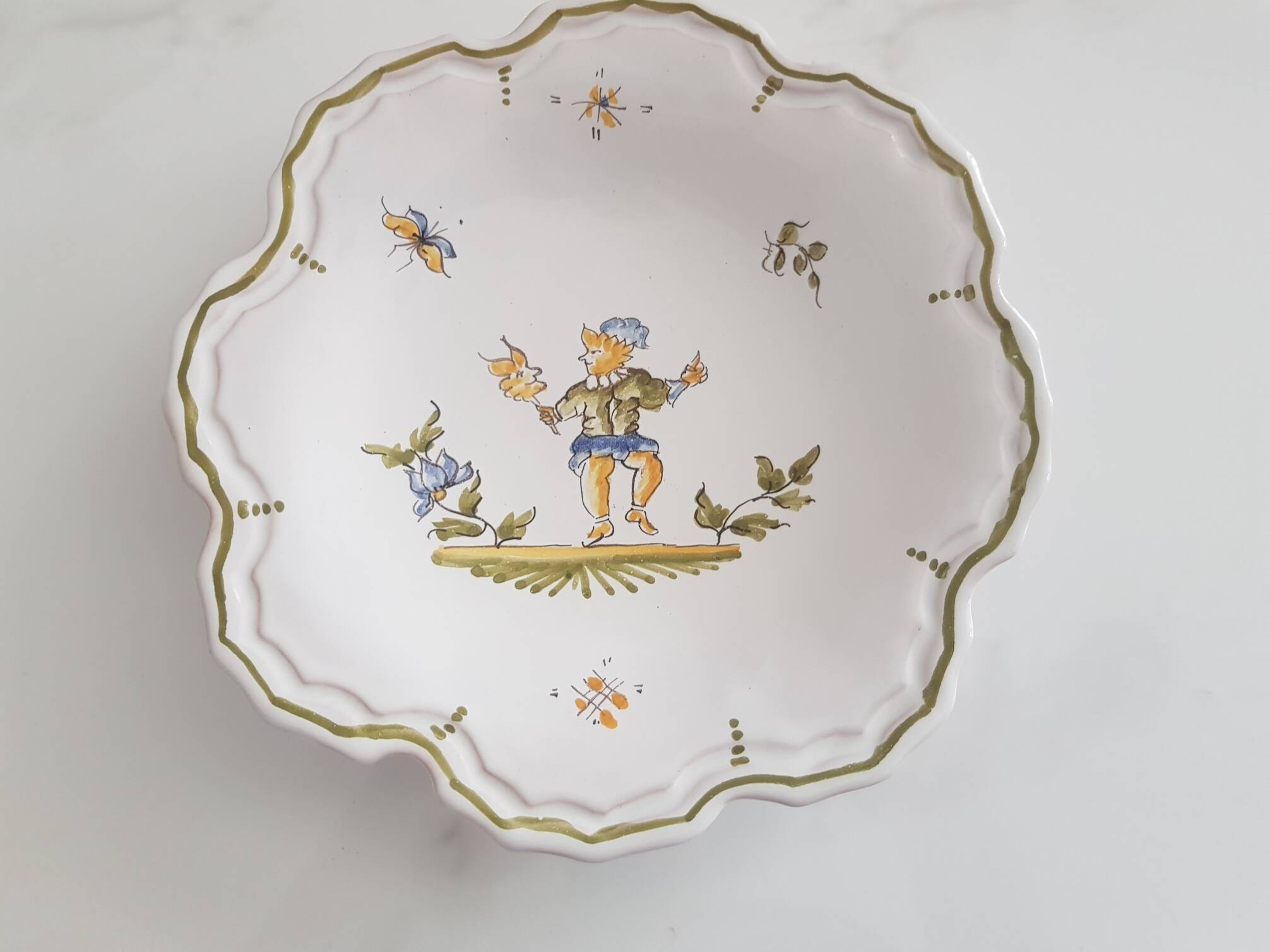 3 small signed Moustiers decorated plates with lace