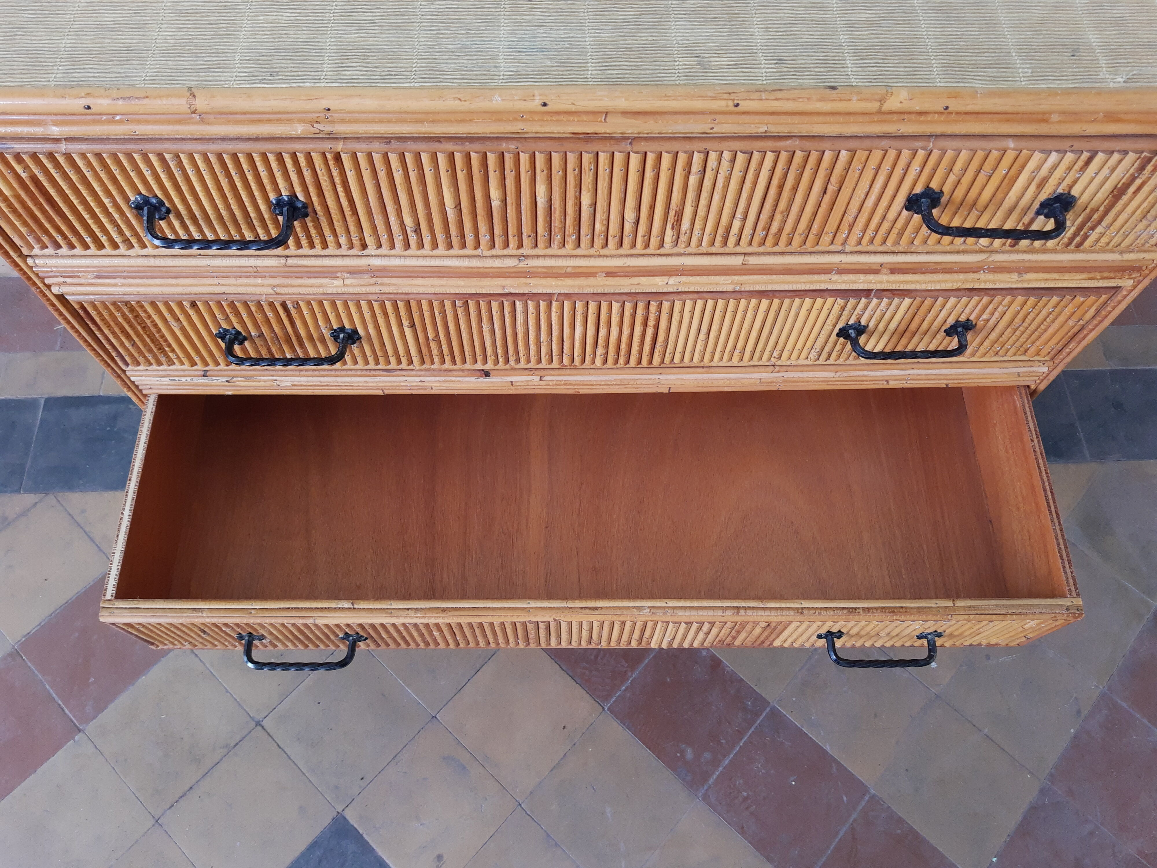 Vintage rattan and bamboo chest of drawers 50s