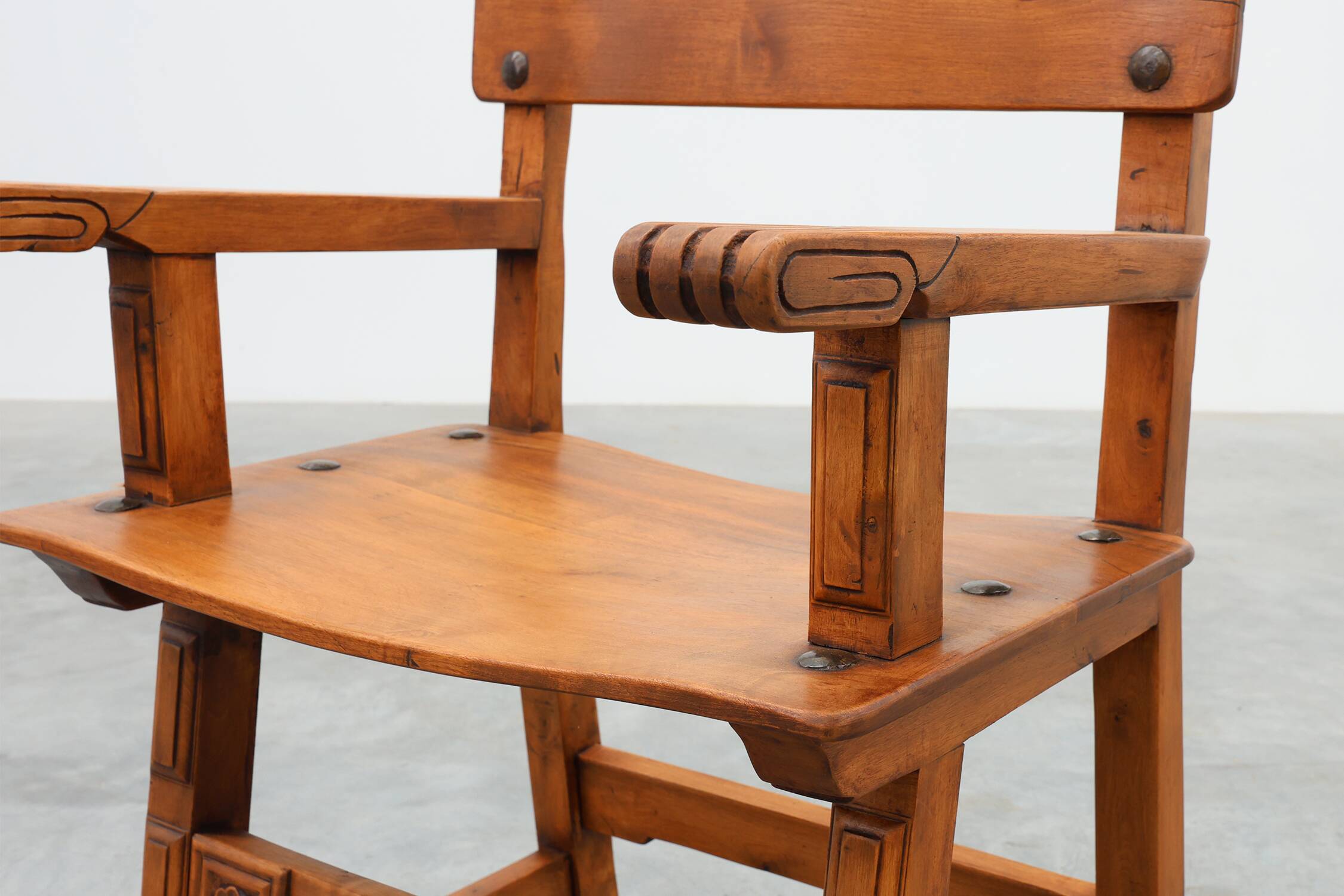 Pair of 2 Rustic carved oak side chairs, Spain ca. 1900