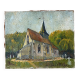 Huile sur toile, église de campagne