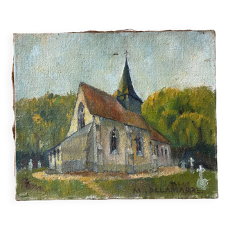 Huile sur toile, église de campagne