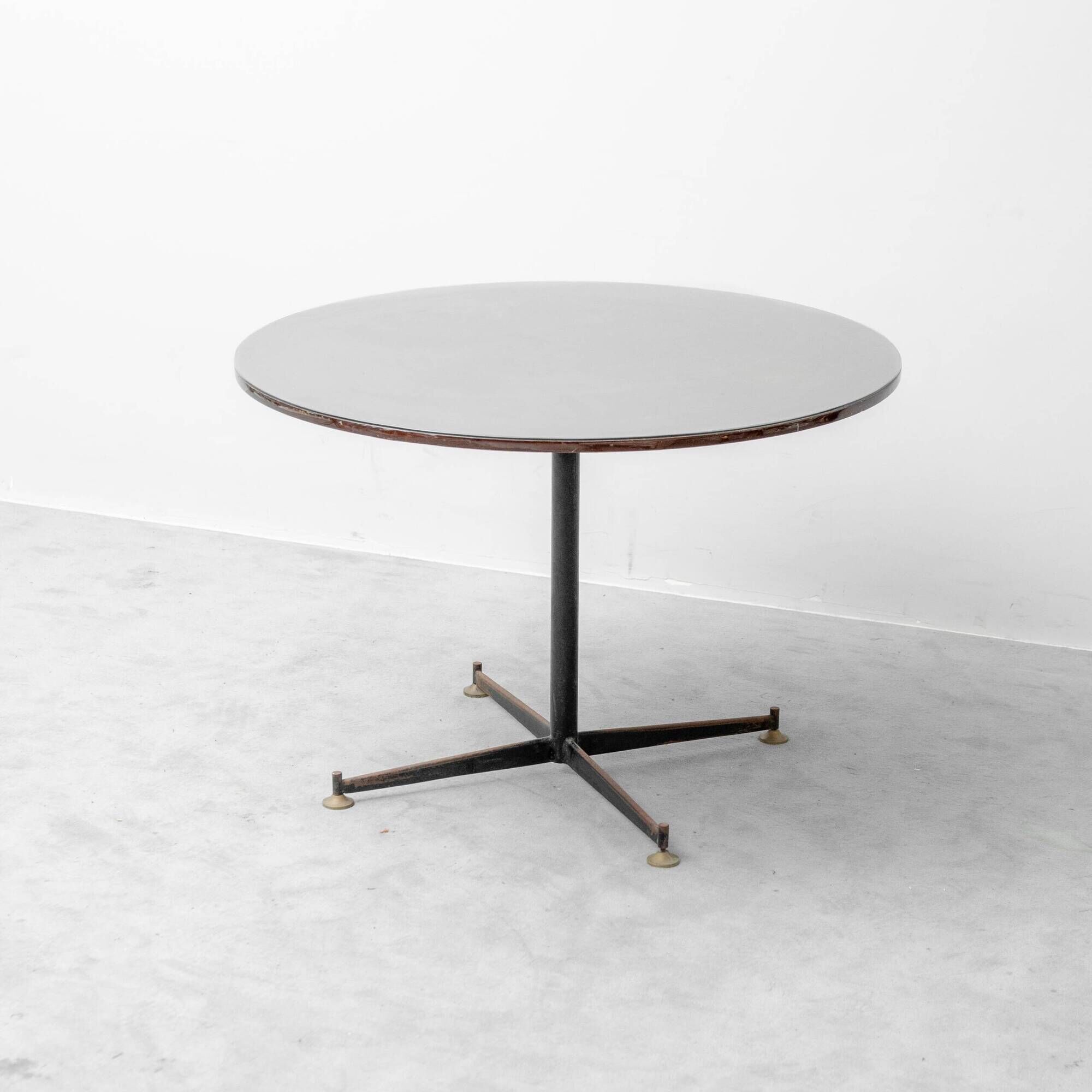 Vintage round table in wood and glass with metal base, 1970s modernist