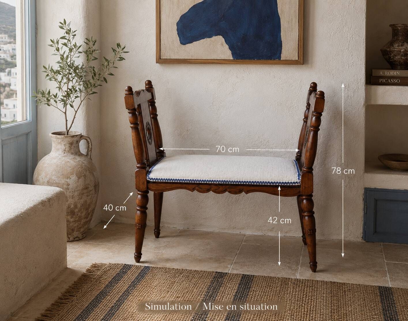 Window bench in carved walnut, late 19th century, renovated seat, 70 cm