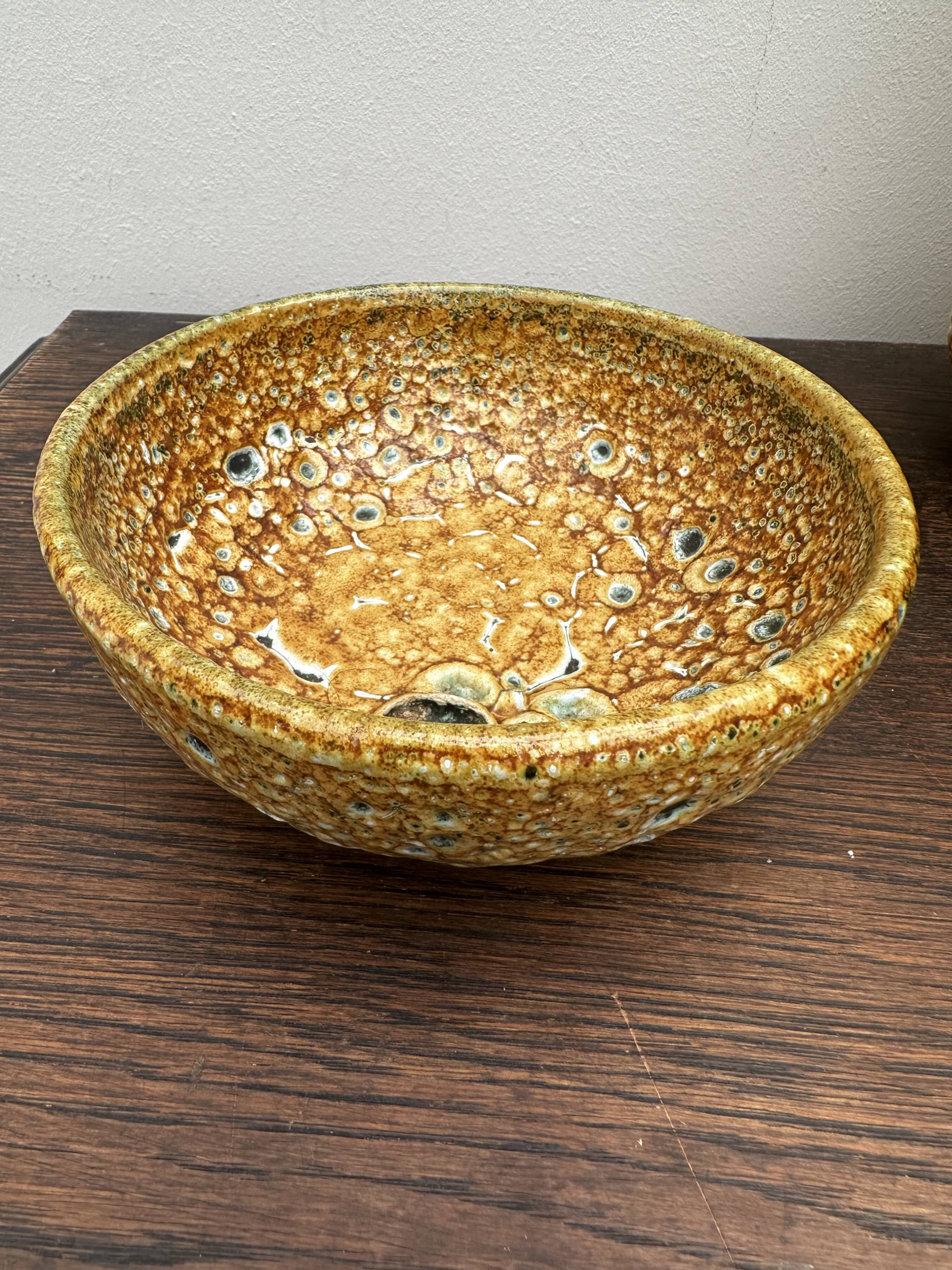 Set of 3 vases and 1 trinket tray, Honey / Fat Lava Vallauris, 1970s