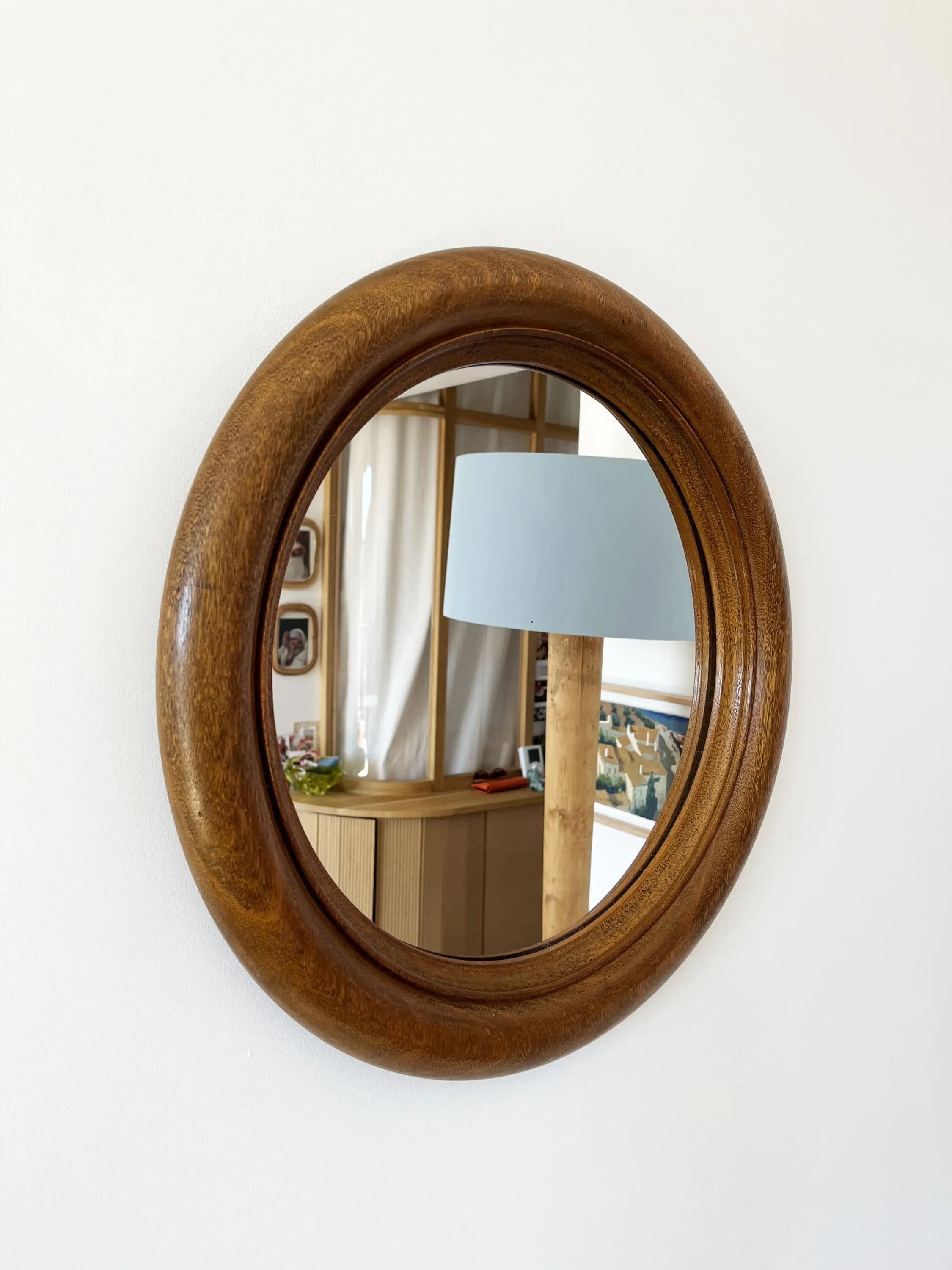 Large round antique solid wood mirror, 49cm