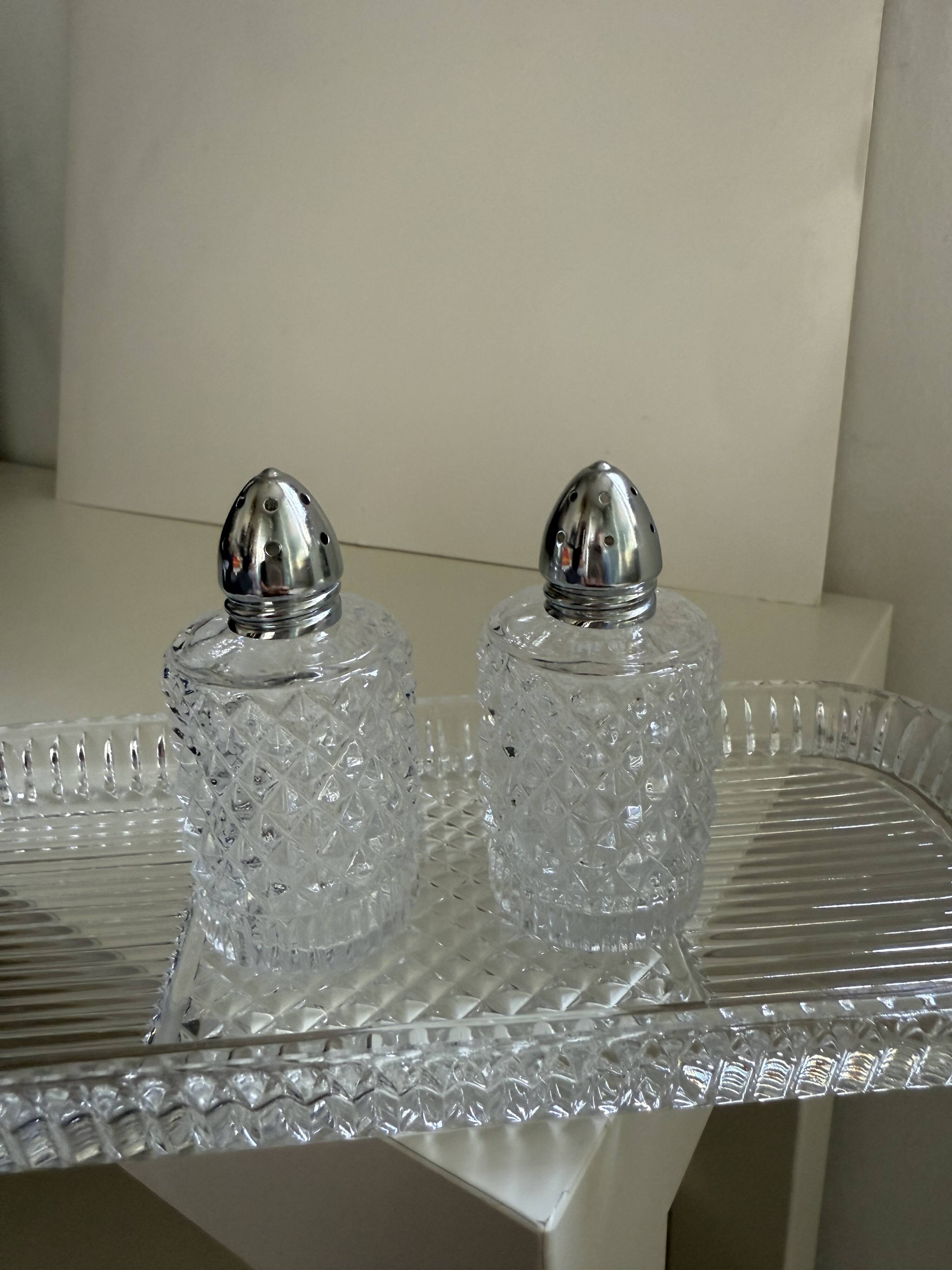 Tray with crystal salt and pepper shakers