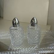 Tray with crystal salt and pepper shakers