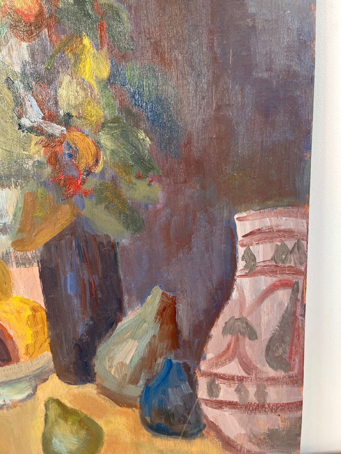 Still life and flowers, oil on panel signed Marina Farolet.