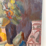 Still life and flowers, oil on panel signed Marina Farolet.