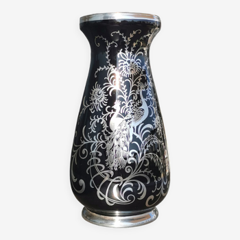 Black glass vase painted with silver