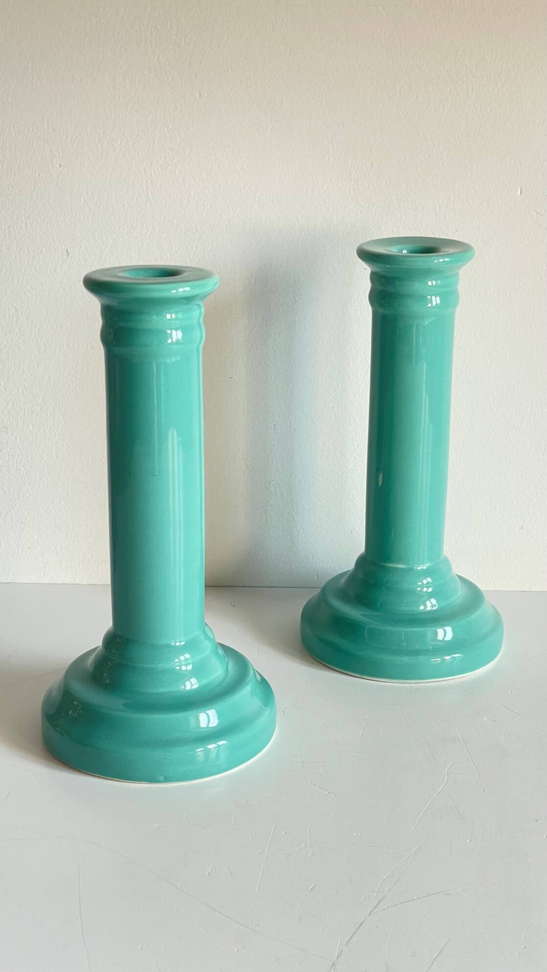 Pair of vintage ocean blue ceramic candlesticks