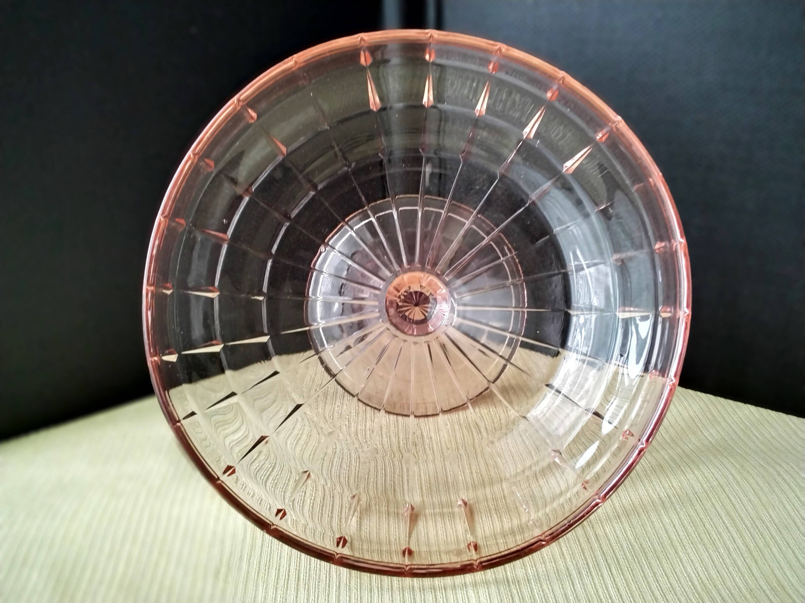 Art Deco pink molded pressed glass compote bowl on foot