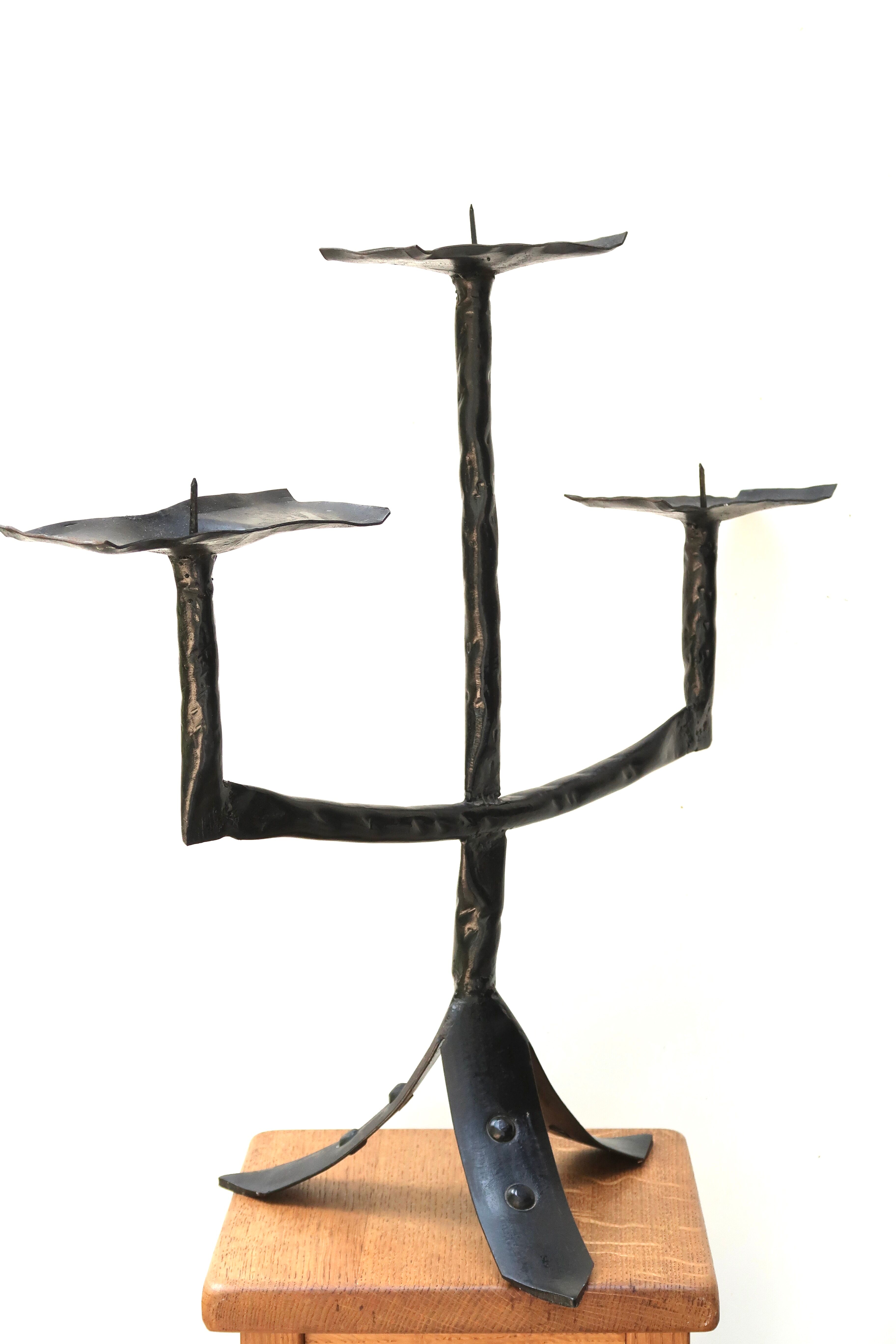 Three-branched wrought iron candle holder, 1950s