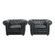 Set of 2 black Chesterfield armchairs in grained cowhide leather