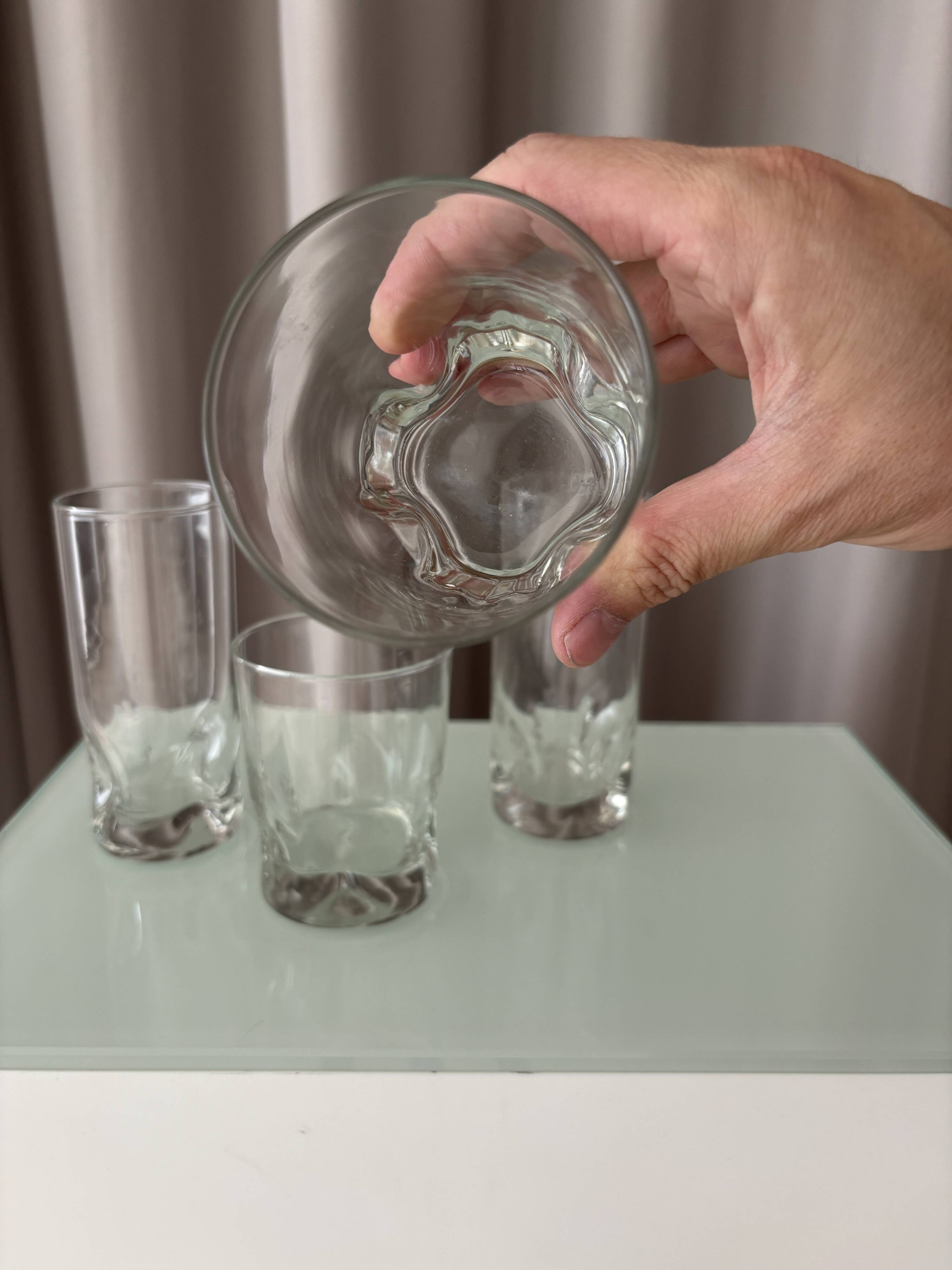 Set of 4 Vintage Sculptural Drinking Glasses | Thick Glass Tumblers & Highb