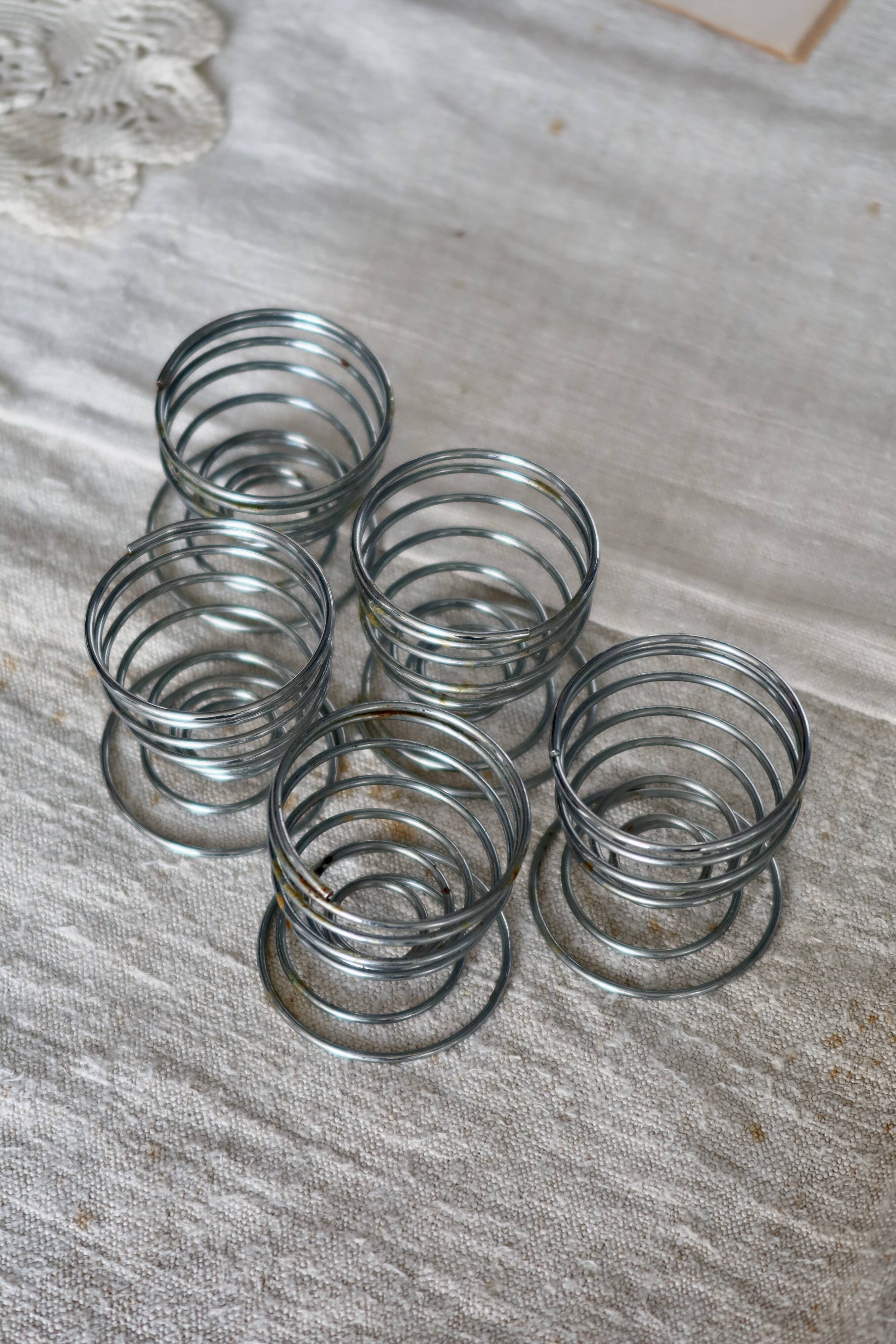 5 vintage silver metal spring egg cups
