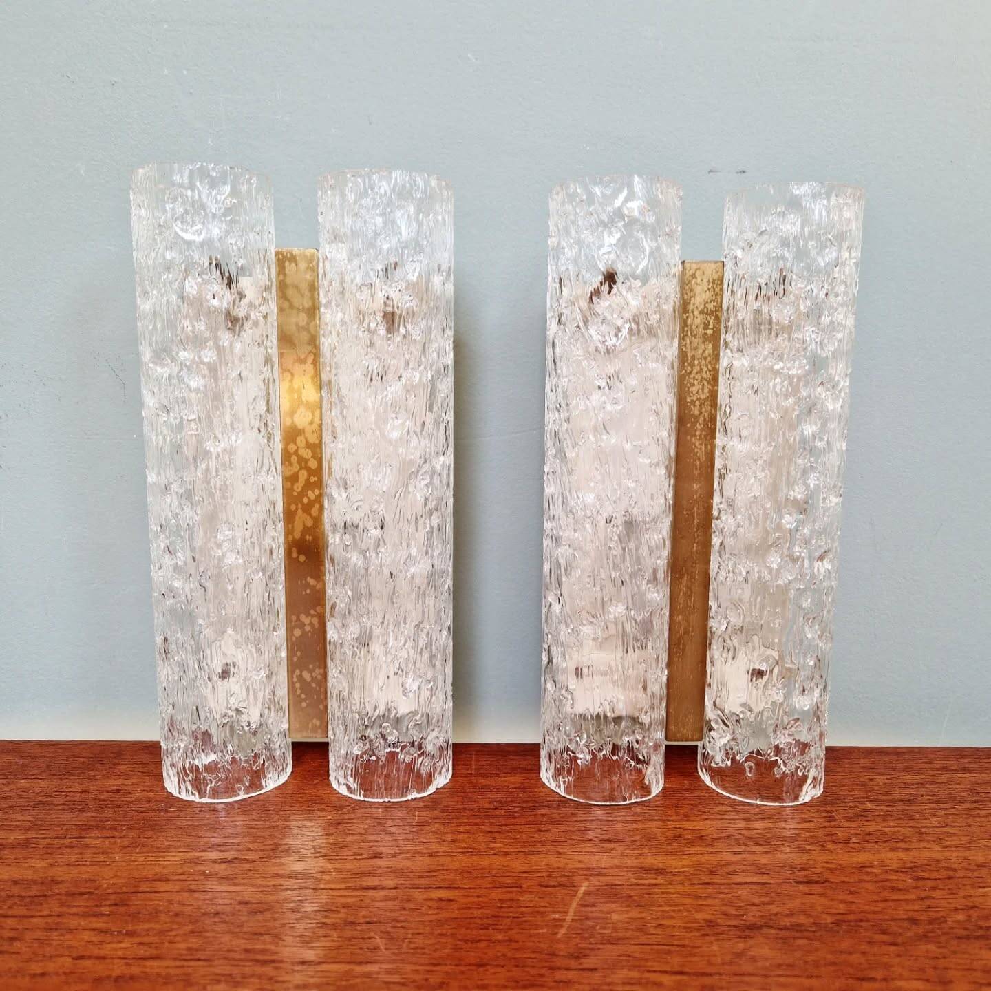 Pair of wall sconces in brass and frosted tubular glass, Doria, 1960-70.