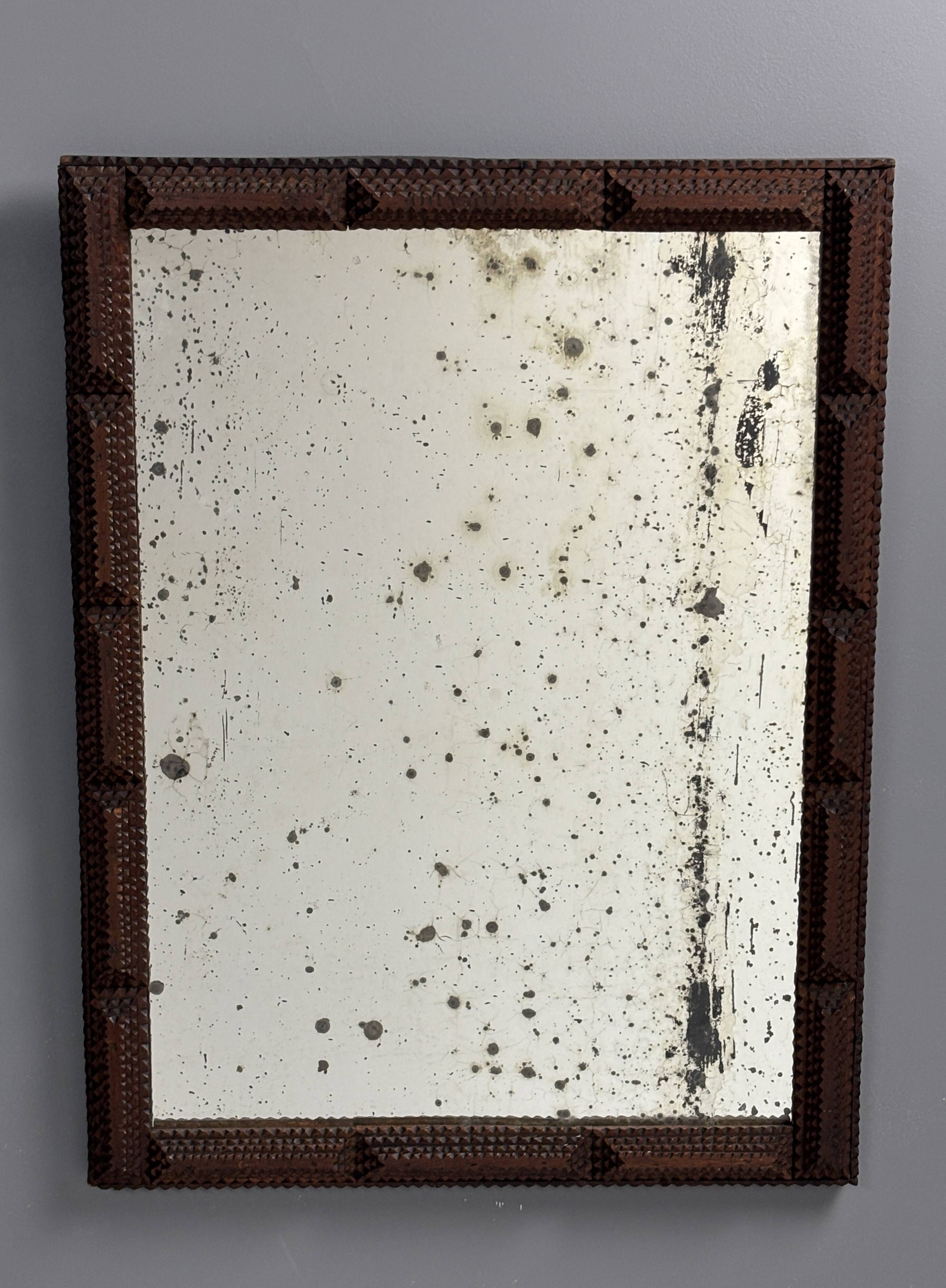 Antique tramp art folk art distressed mirror, Belgium ca 1900s