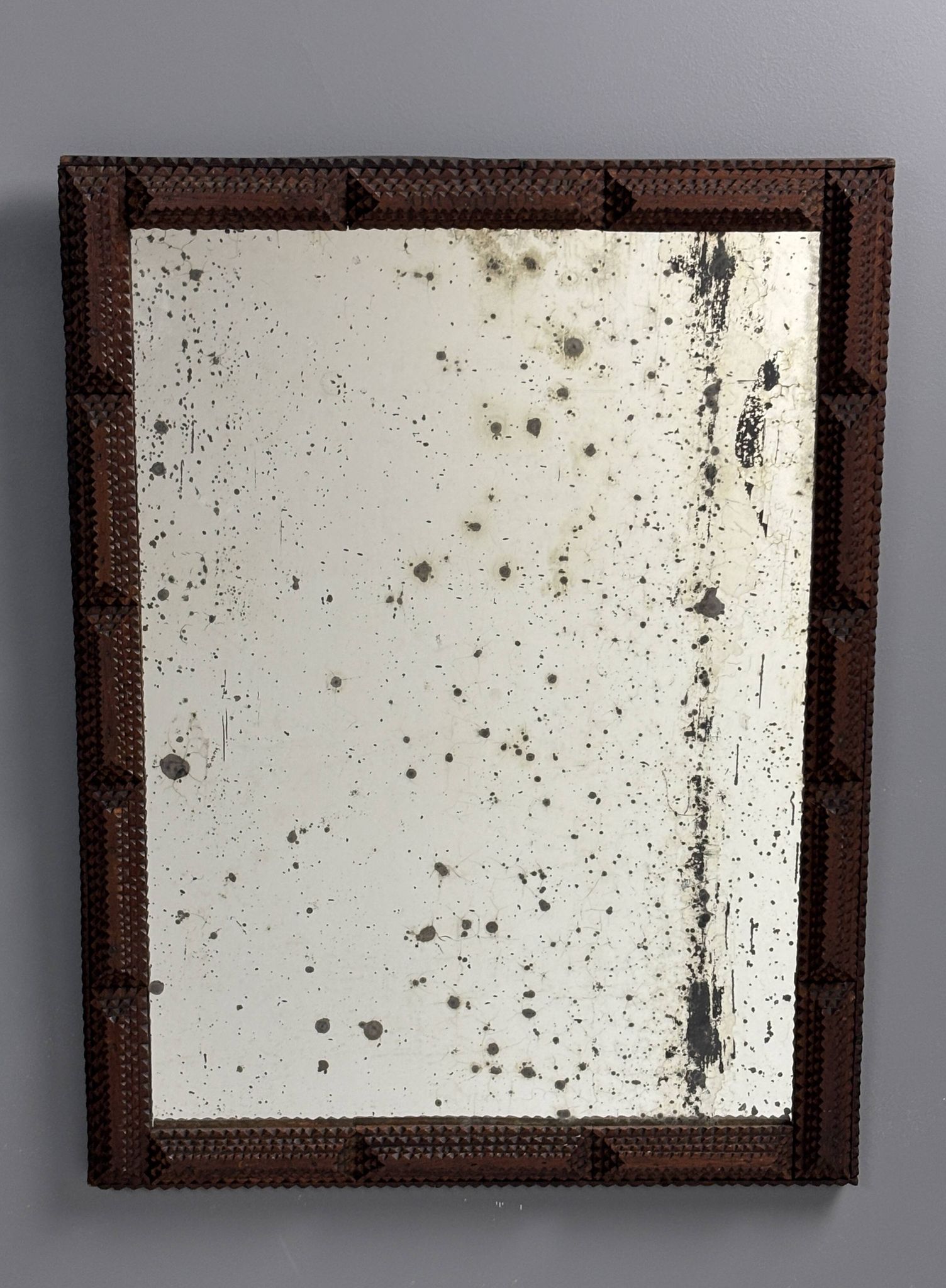 Antique tramp art folk art distressed mirror, Belgium ca 1900s