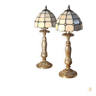 pair of bedside lamps in gilded bronze with glass shade