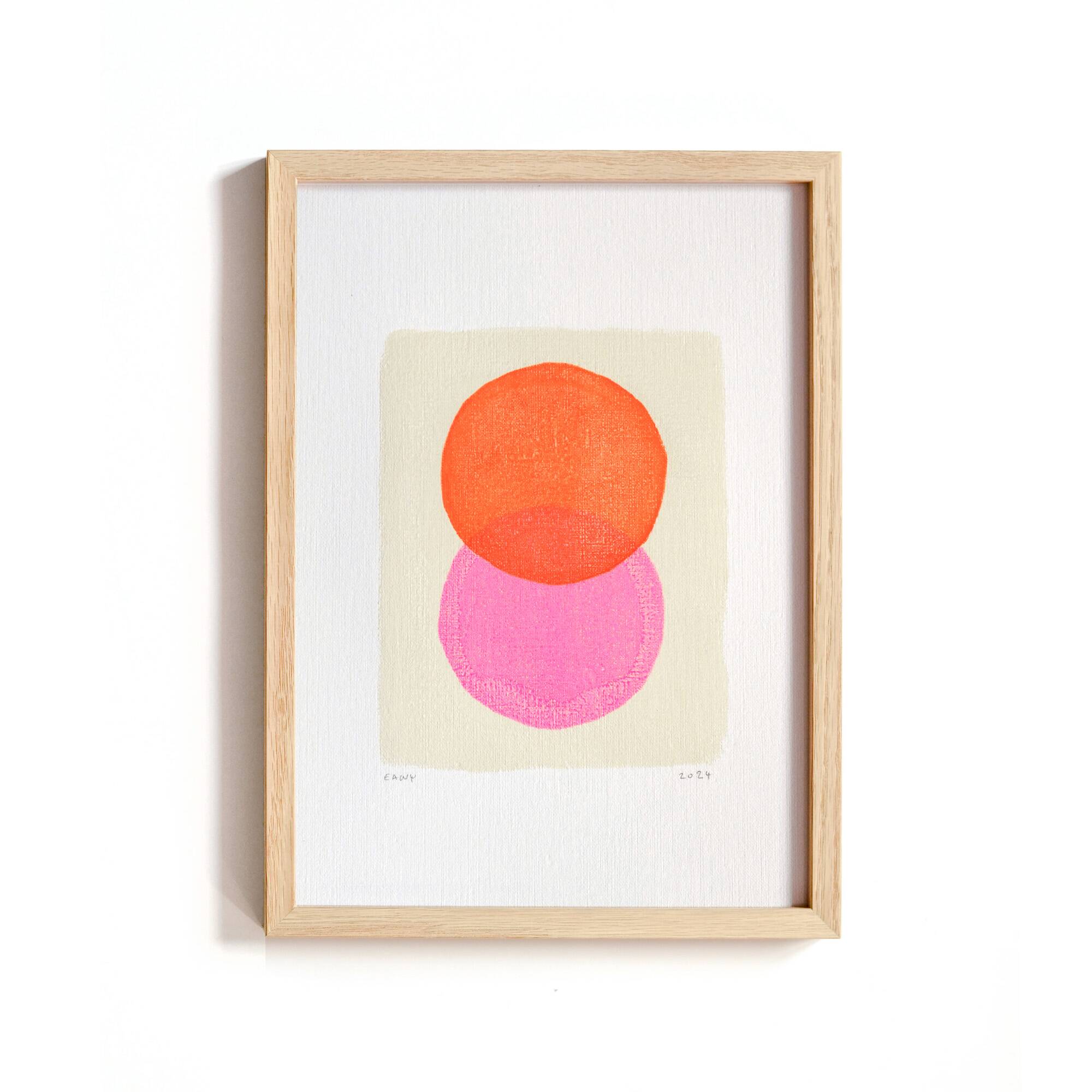 Abstract painting on paper - fluorescent pink and orange - signed eawy