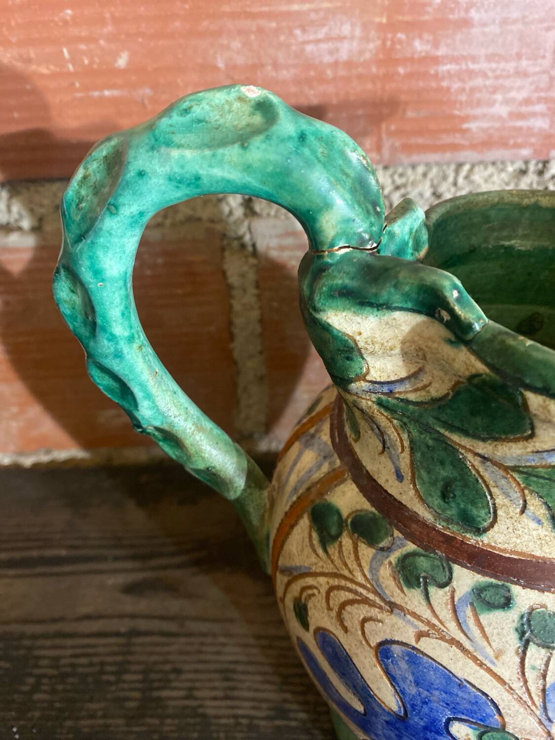 Antique Style Monaco Perugia Ceramic Pitcher with Multicolored Bird Decoration