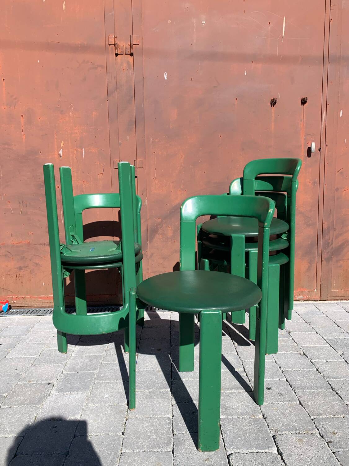 6 Bruno Rey Kush & co Green Stackable Chairs Circa 1970