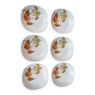 Lot: 6 assiettes creuses porcelaine d 'Arnon 19 cm au carré décor Orchidées