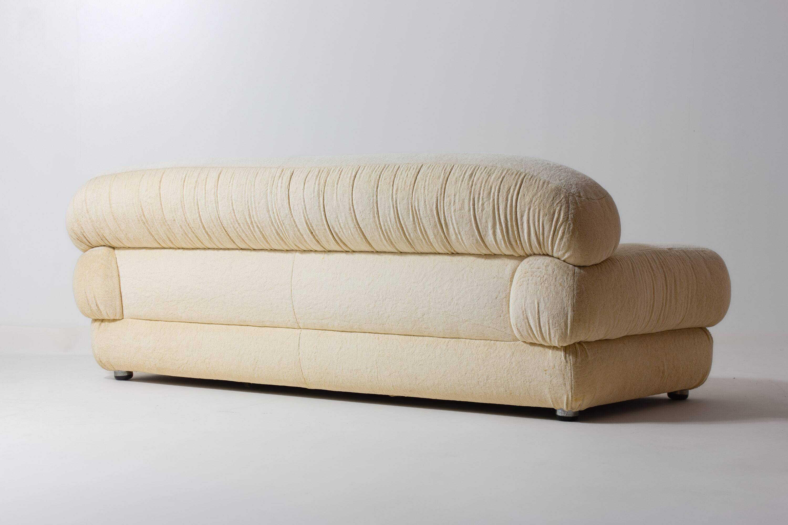 Luxurious plush 3-seater sofa in vanilla fabric, Italy 1970s