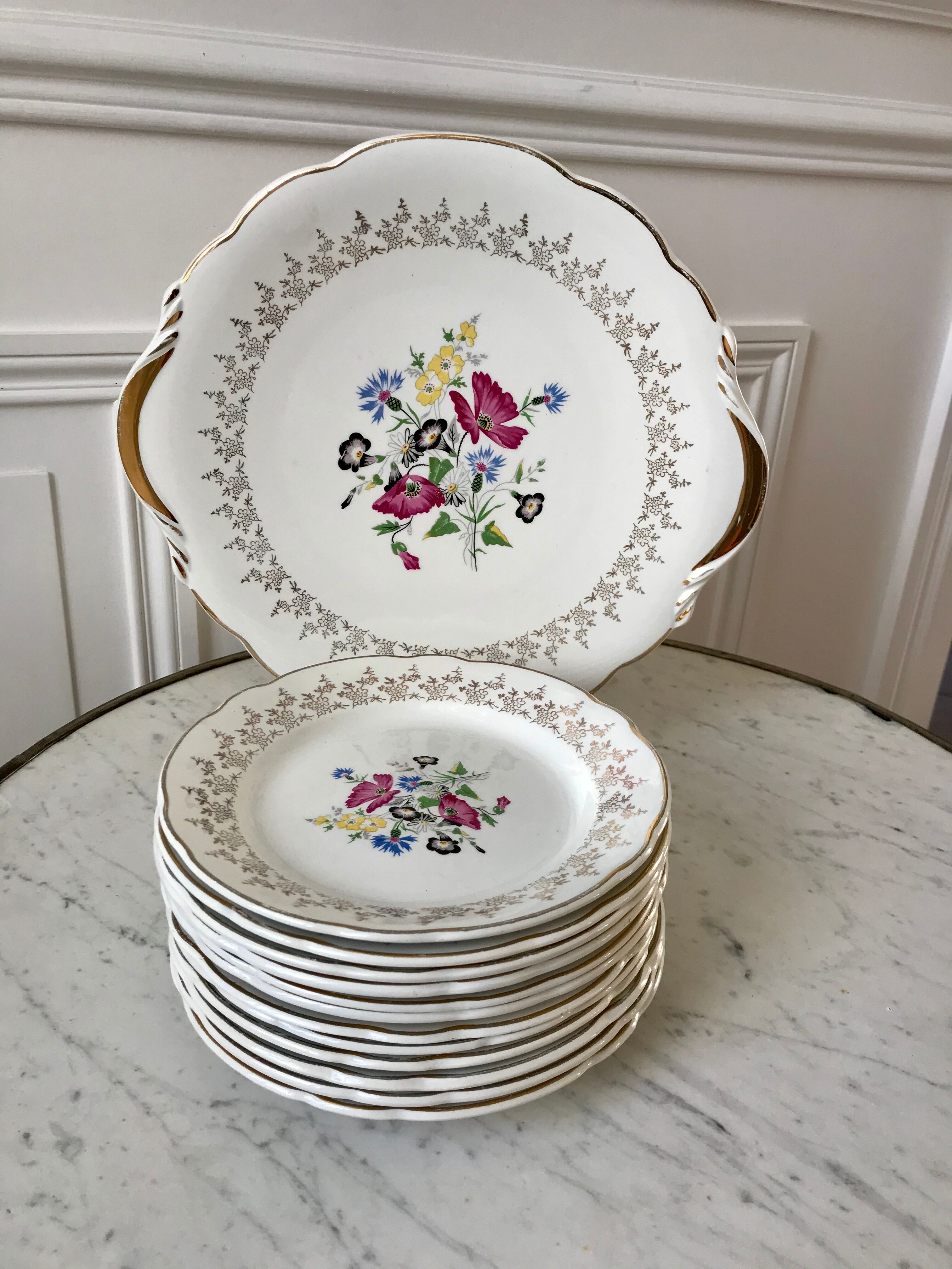 Dessert service cake dish and 12 dessert plates Digoin Sarreguemines Pamplona