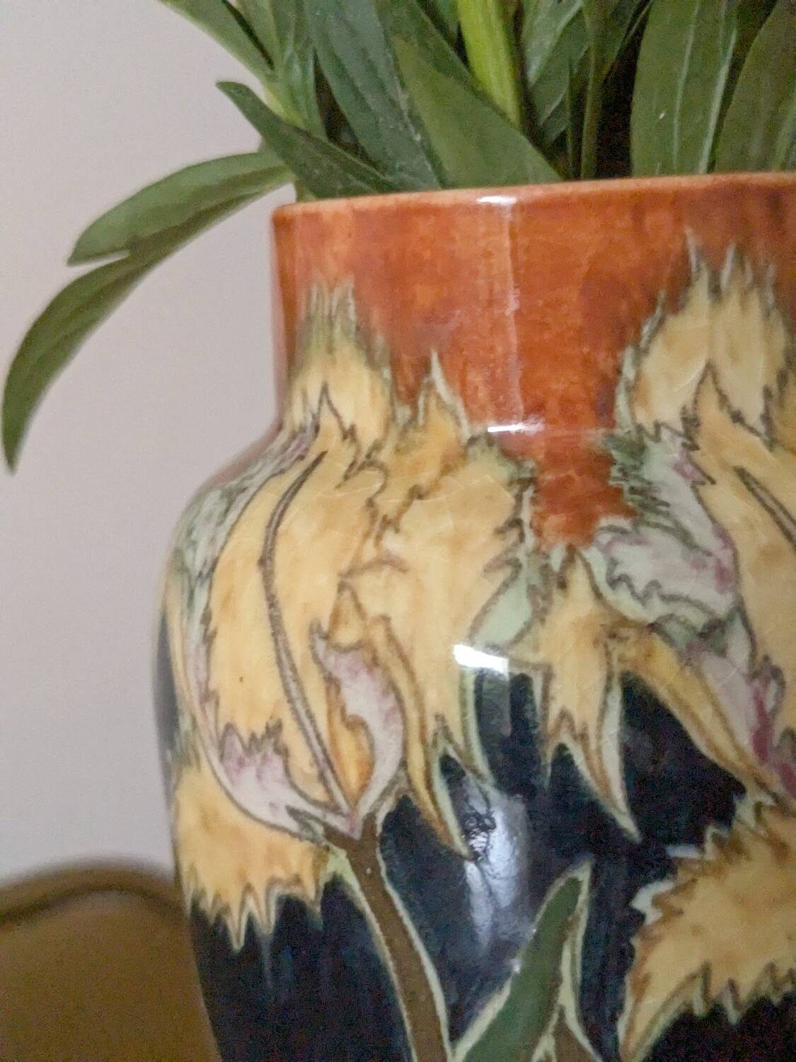 Art Nouveau vase in glazed ceramic, floral decoration, Gouda type, circa