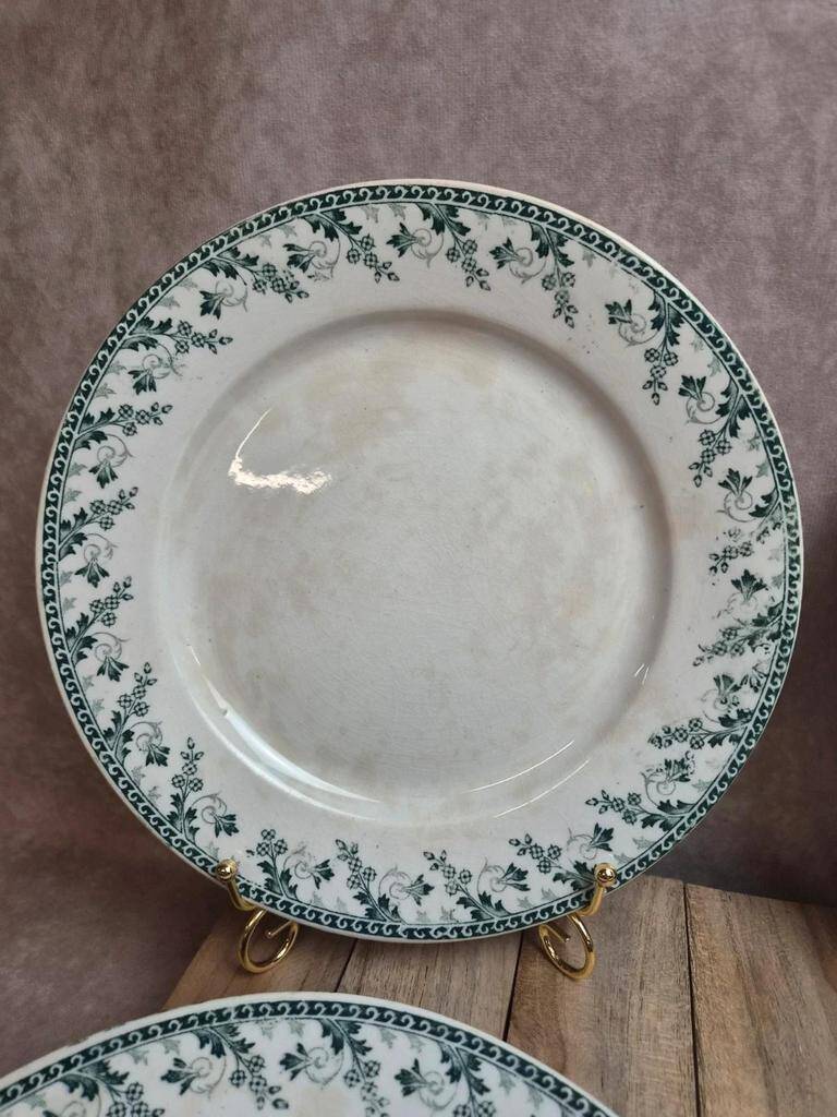 Set of 6 flat plates, Gien Montigny ironstone – old green decoration.