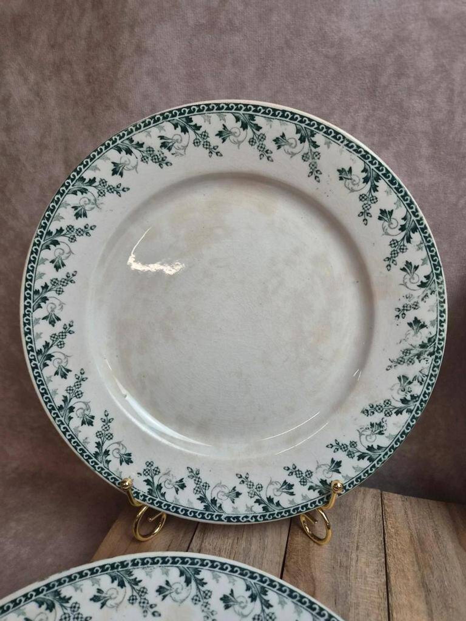 Set of 6 flat plates, Gien Montigny ironstone – old green decoration.